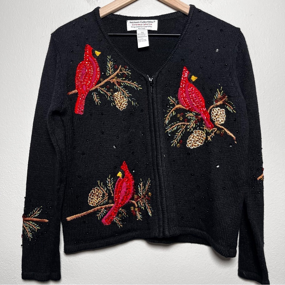 Heirloom Collectibles Womens Cotton Cardigan PM Black Cardinal Beaded Christmas
